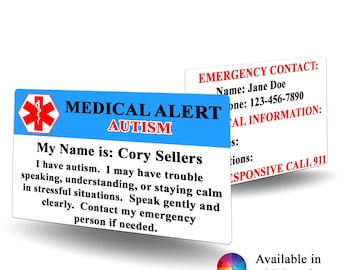 Medical Alert Autism Contact Card - Alzheimers, Autism alert, medical alert, Autism identification, emergency contact card,