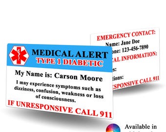 Medical Alert Type 1 Diabetic Contact Card - Type 1 Diabetic alert, medical alert, Type 1 Diabetic identification, emergency contact card,