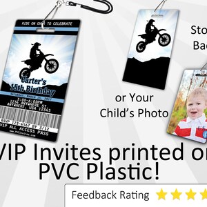 May include: A blue and black VIP pass with a motocross rider silhouette, text that reads "Carter's 15th Birthday", and the date "Saturday, March 15, 2017". The back of the pass shows a photo of a child. The text "VIP Invites printed on PVC Plastic!" is displayed below the pass.