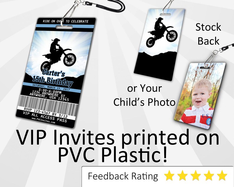 May include: A blue and black VIP pass with a motocross rider silhouette, text that reads "Carter's 15th Birthday", and the date "Saturday, March 15, 2017". The back of the pass shows a photo of a child. The text "VIP Invites printed on PVC Plastic!" is displayed below the pass.