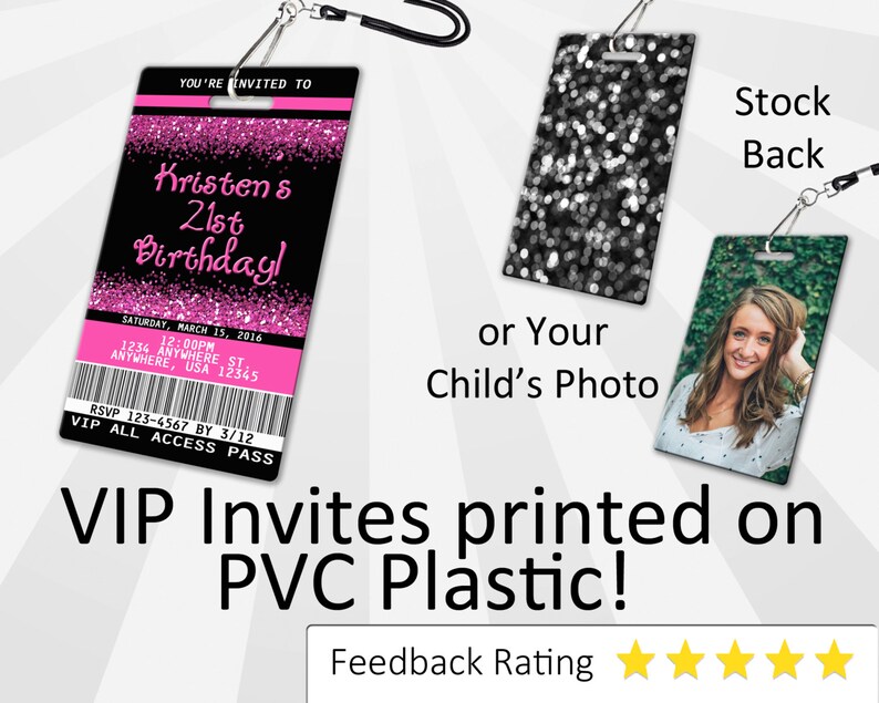 Puede incluir: Invitaci&oacute;n VIP de cumplea&ntilde;os rosa y negra impresa en un cord&oacute;n de pl&aacute;stico. La invitaci&oacute;n tiene un fondo de purpurina y dice "Kristen's 21st Birthday!" con la fecha y la hora de la fiesta. La parte posterior del cord&oacute;n tiene un patr&oacute;n de purpurina negro y blanco o se puede personalizar con una foto.