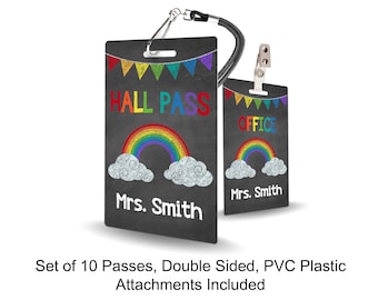 Rainbow Chalkboard Theme Classroom Hall Passes for Teachers, Personalized, Set of 10