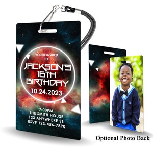 May include: A black and red space-themed birthday party invitation with a white circle around the text "Jackson's 16th Birthday" and the date "10.24.2023". The invitation has a lanyard attached to it.
