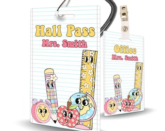 Old School Supplies Theme Classroom Hall Passes for Teachers, Personalized, Set of 10