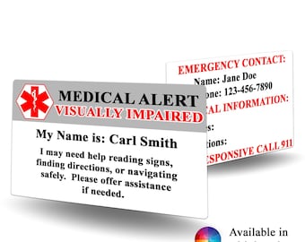 Medical Alert Visually Impaired Contact Card - Visually Impaired alert, medical alert, Visually Impaired identification, emergency contact