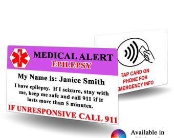 NFC Medical Alert Epilepsy Contact Card -  Epilepsy alert, medical alert, Epilepsy identification, emergency contact card,