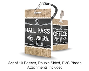 Burlap and Chalk Theme Classroom Hall Passes for Teachers, Personalized, Set of 10