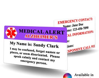 Medical Alert Alzheimers Contact Card - Alzheimers, Alzheimer's alert, medical alert, Alzheimer's identification, emergency contact card,