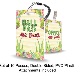 Succulent Theme Classroom Hall Passes for Teachers, Personalized, Hall Pass Set of 10