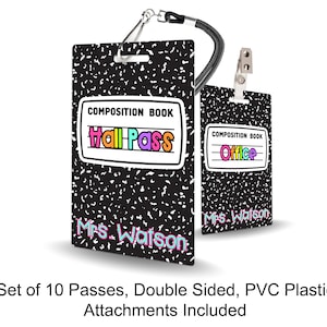 Composition Book Theme Classroom Hall Passes for Teachers, Personalized, Set of 10