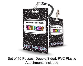 Composition Book Theme Classroom Hall Passes for Teachers, Personalized, Set of 10