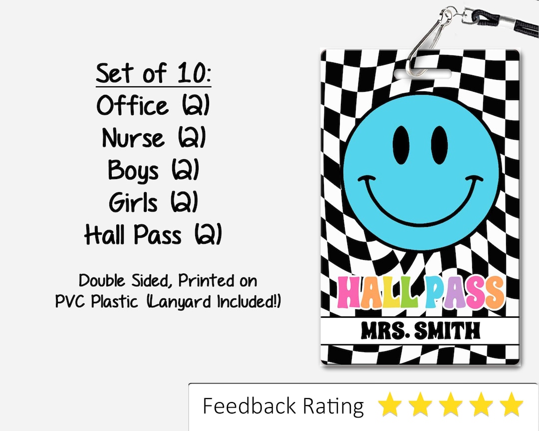 Smiley Face Theme Classroom Hall Passes for Teachers, Personalized, Set ...