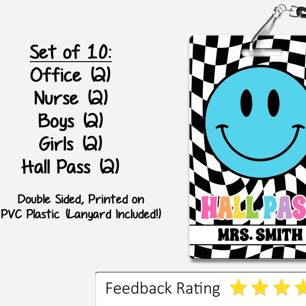 Smiley Face Theme Classroom Hall Passes for Teachers, Personalized, Set of 10