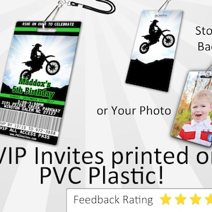 May include: A black and green VIP pass with a silhouette of a motocross rider on a dirt bike. The pass is printed on PVC plastic and has a lanyard attached. The text on the pass reads "Maddox's 5th Birthday" and includes the date, time, and location of the event. The back of the pass is either a stock image of a motocross rider or a photo of the birthday child.