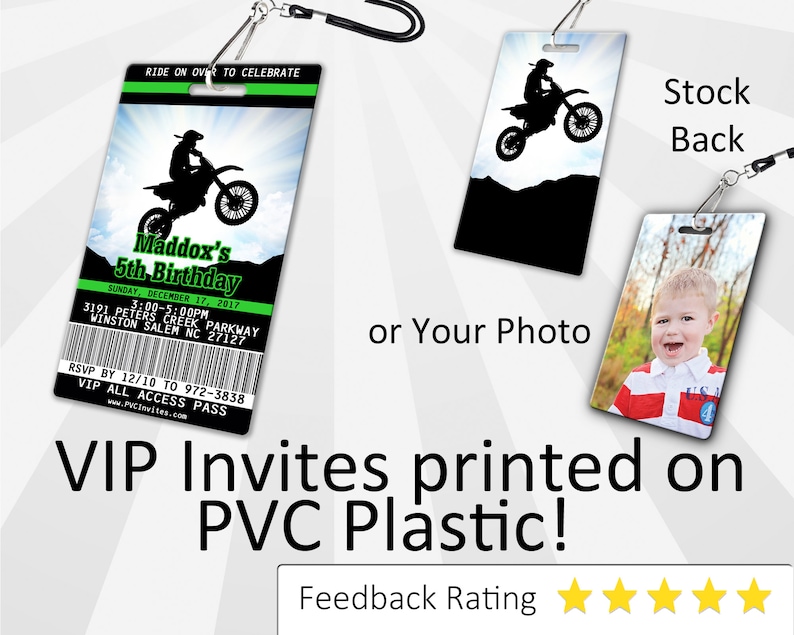 May include: A black and green VIP pass with a silhouette of a motocross rider on a dirt bike. The pass is printed on PVC plastic and has a lanyard attached. The text on the pass reads "Maddox's 5th Birthday" and includes the date, time, and location of the event. The back of the pass is either a stock image of a motocross rider or a photo of the birthday child.