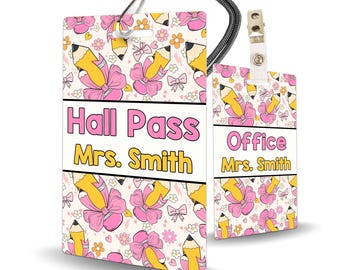 Pencils and Bows Theme Classroom Hall Passes for Teachers, Personalized, Set of 10