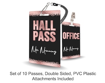 Rose Gold Theme Classroom Hall Passes for Teachers, Personalized, Hall Pass Set of 10