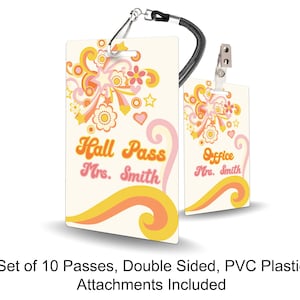 Retro Theme Classroom Hall Passes for Teachers, Personalized, Set of 10