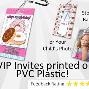May include: Pink and white donut-themed birthday party invitation printed on a plastic lanyard. The invitation includes the text "You're invited to Abby's 6th Birthday!" and details for the party. The back of the lanyard features a milk bottle with a pink straw and a donut pattern.