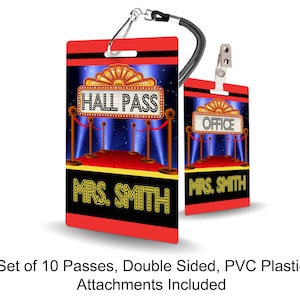 Movie Theme Classroom Hall Passes for Teachers, Personalized, Set of 10