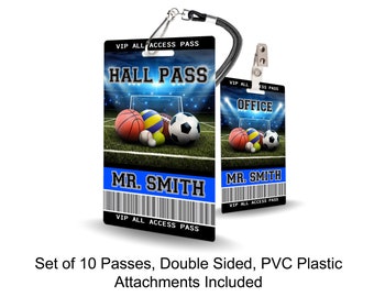 Sports Variety Theme Classroom Hall Passes for Teachers, Personalized, Set of 10