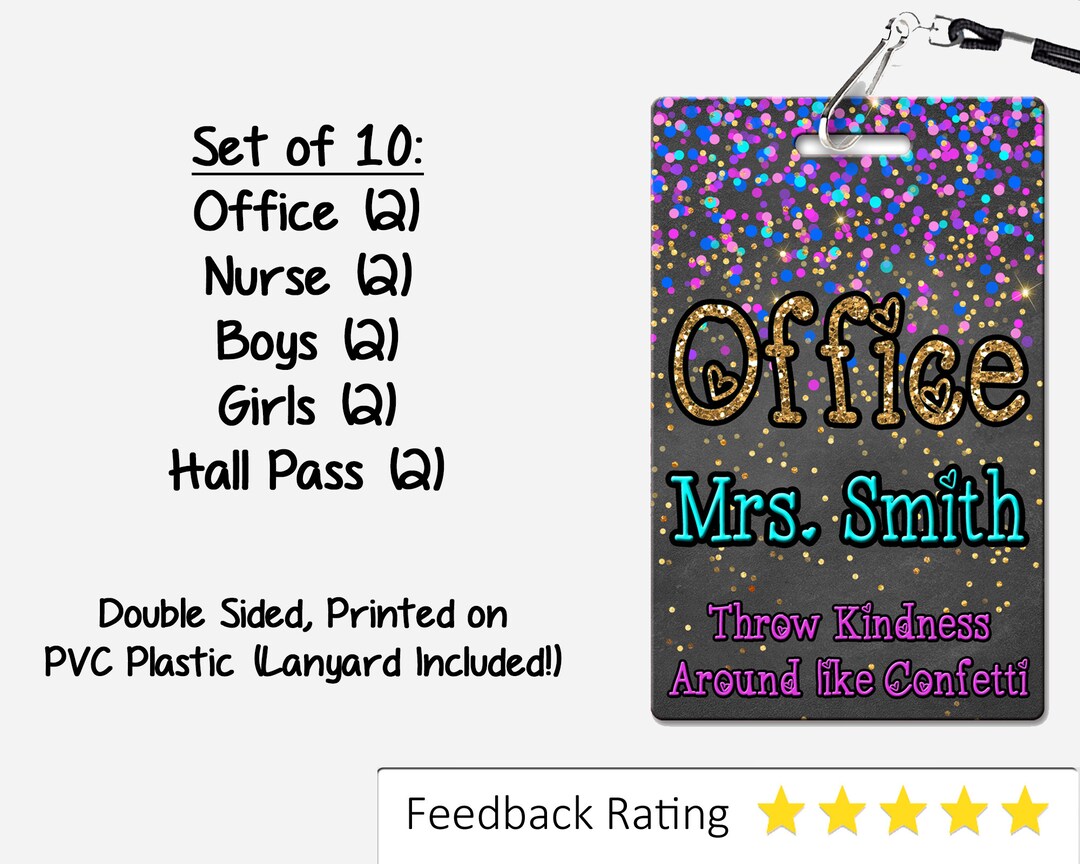 Confetti Theme Classroom Hall Passes for Teachers, Personalized, Set of ...