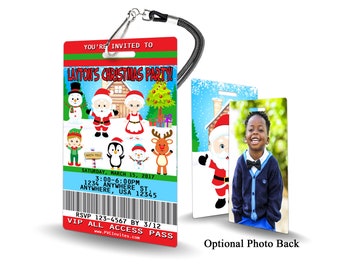 May include: A red, white, and green Christmas party invitation with a lanyard. The invitation features a cartoon Santa Claus, a snowman, a penguin, and a reindeer. The text on the invitation reads "Layton's Christmas Party!" and includes the date, time, and location of the party. The back of the invitation features a photo of a young boy.