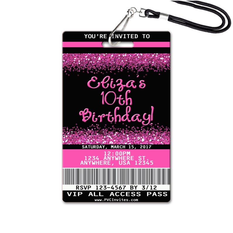 Puede incluir: Invitaci&oacute;n a una fiesta de cumplea&ntilde;os rosa y negra con fondo de purpurina. La invitaci&oacute;n dice "You're invited to Eliza's 10th Birthday!" con la fecha y hora de la fiesta, la direcci&oacute;n, la informaci&oacute;n de RSVP y "VIP All Access Pass".