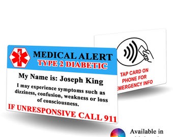 NFC Medical Alert Type 2 Diabetic Contact Card -  Type 2 Diabetic alert, medical alert, Type 2 Diabetic identification, emergency contact