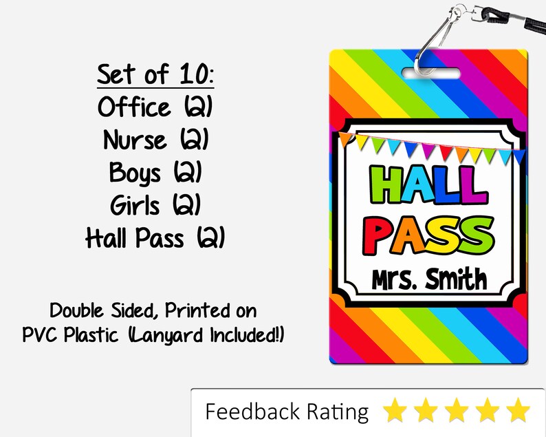 Rainbow Theme Classroom Hall Passes for Teachers, Personalized, Set of ...