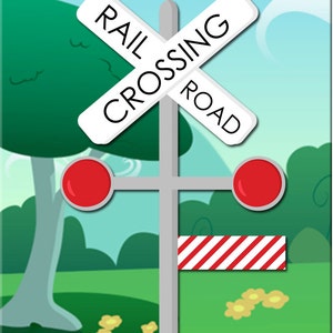May include: A white and red railroad crossing sign with the words "RAIL CROSSING ROAD" on it. The sign is attached to a gray pole with red lights on either side and a red and white striped barrier.