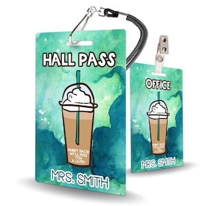 Permessi di uscita dall'aula a tema caffè per insegnanti, 5 permessi personalizzabili - Realizzati in resistente plastica PVC