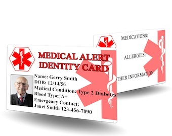 Medical Alert Contact Card - medical alert, emergency identification, emergency contact card,
