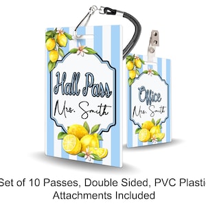 Lemons Theme Classroom Hall Passes for Teachers, Personalized, Hall Pass Set of 10