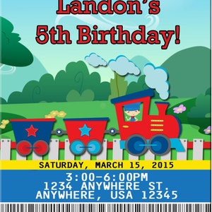May include: A red, blue, and yellow train engine with a conductor in the cab. The train is on a green grassy field with a white picket fence. The text "Landon's 5th Birthday!" is at the top of the image. The text "SATURDAY, MARCH 15, 2015" is below the train. The text "3:00-6:00PM" is below the date. The text "1234 ANYWHERE ST. ANYWHERE, USA 12345" is below the time. The text "RSVP 123-4567 BY 3/12" is below the address. The text "VIP ALL ACCESS PASS" is at the bottom of the image.