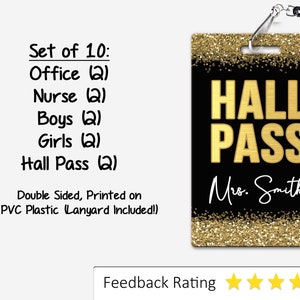 Gold Theme Classroom Hall Passes for Teachers, Personalized, Set of 10 ...