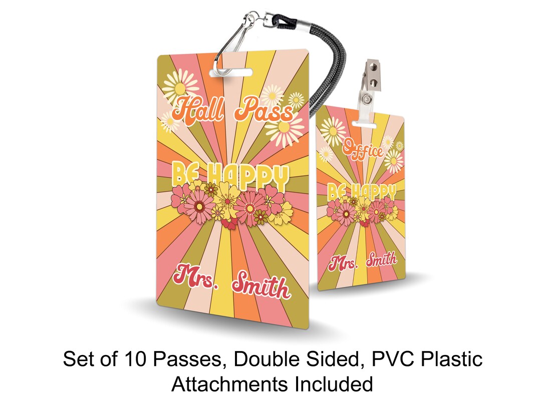 Be Happy Theme Classroom Hall Passes for Teachers, Personalized, Set of ...