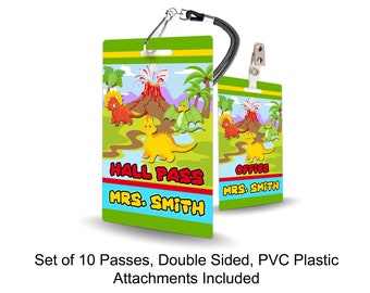 Dinosaur Theme Classroom Hall Passes for Teachers, Personalized, Hall Pass Set of 10