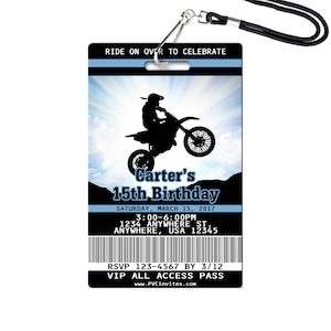 May include: A black and blue birthday party invitation with a silhouette of a motocross rider jumping over a hill. The text reads "Carter's 15th Birthday" with the date and time of the party. The invitation also includes the RSVP information and the text "VIP All Access Pass".