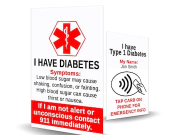 NFC Medical Alert Type 1 Diabetes Contact Card -  Type 1 Diabetes alert, medical alert, Type 1 Diabetes identification, emergency contact