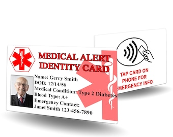 NFC Medical Alert Contact Card -  medical alert, emergency identification, emergency contact card,