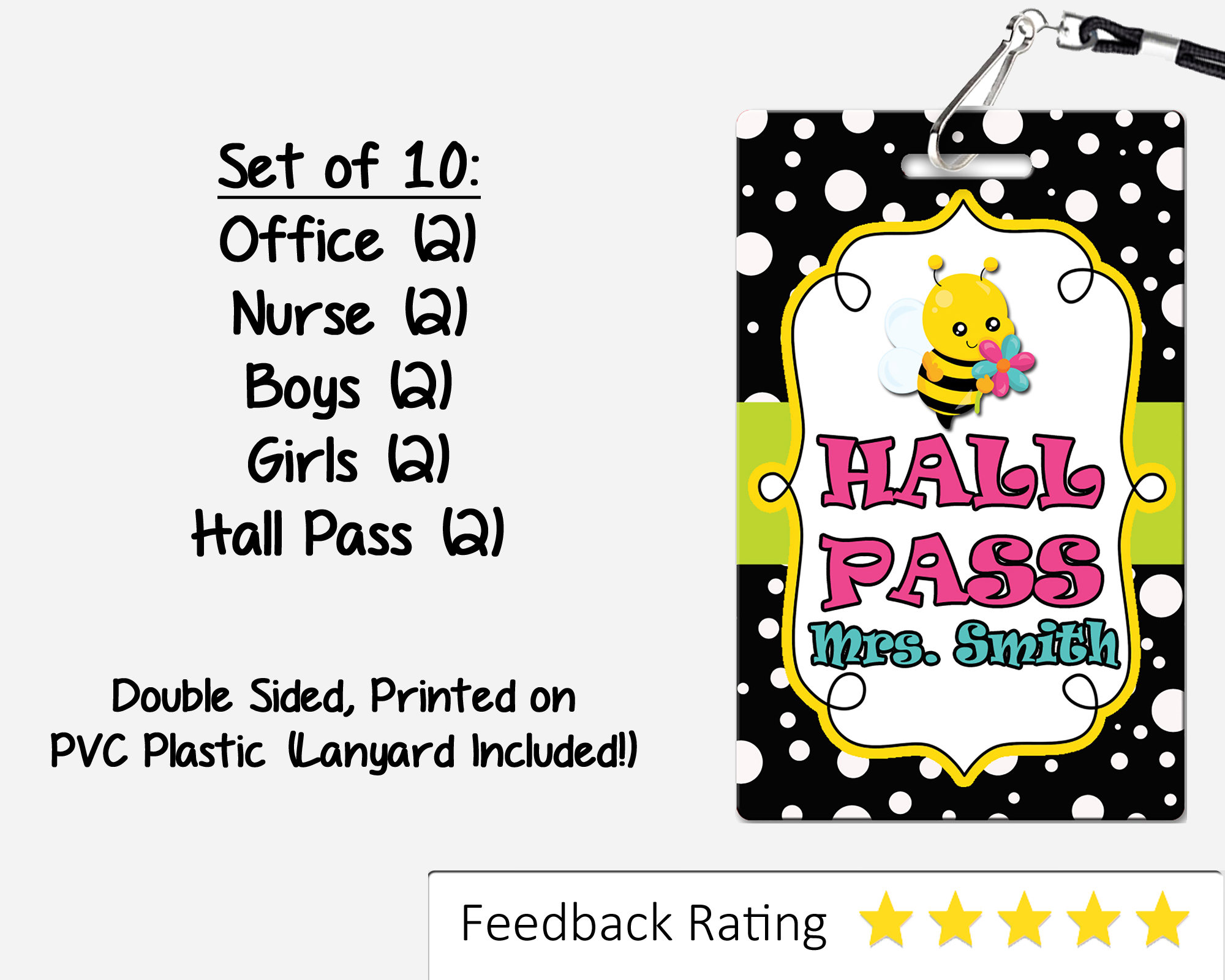 Yellow Busy Bees Theme Personalized Hall Passes with Large Black Plaque for Teachers Classroom Decorations 
