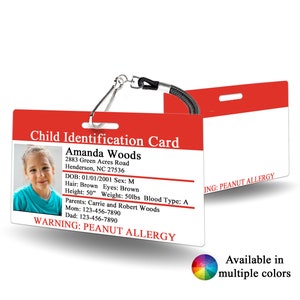 Child Identification, Lost Child Card - child ID, safety, emergency, lost child, Children&#39;s id, Kids Badge, Child ID Badge,  Kid,  Kid&#39;s ID