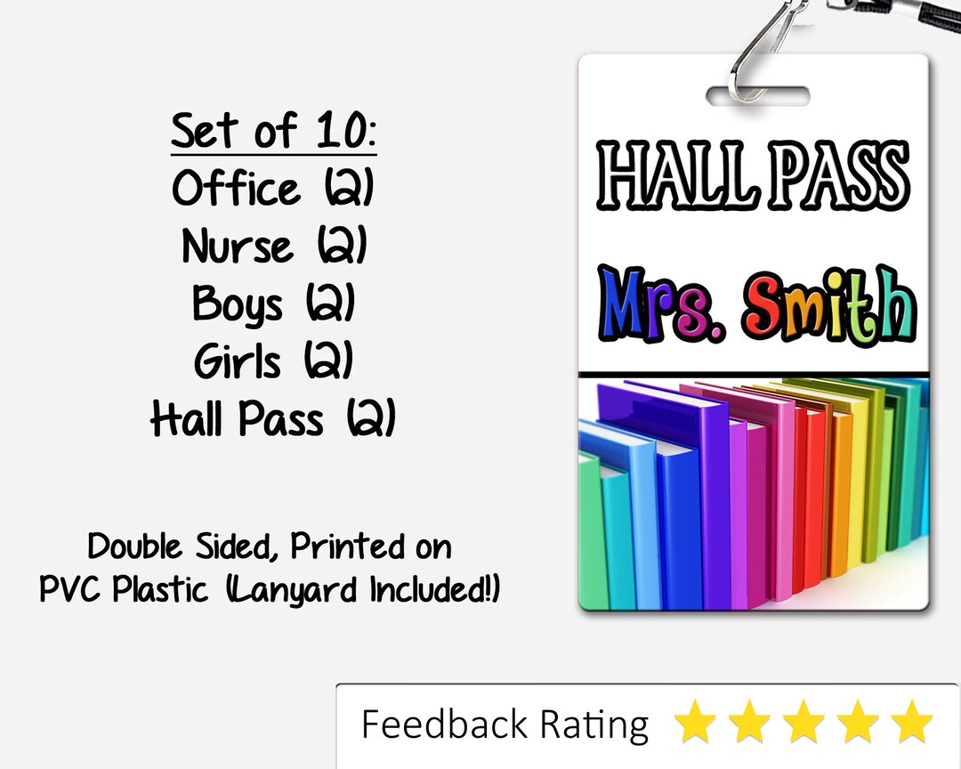 Books Theme Classroom Hall Passes for Teachers, Personalized, Hall Pass ...