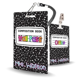 Composition Book Theme Classroom Hall Passes for Teachers, 5 Personalized Passes - Made of Durable PVC Plastic