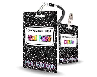 Composition Book Theme Classroom Hall Passes for Teachers, 5 Personalized Passes - Made of Durable PVC Plastic