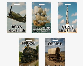 US History Transportation Theme Classroom Hall Passes for Teachers, Personalized - Made of Durable PVC Plastic