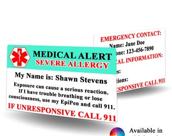 Medical Alert Severe Allergy Contact Card - Severe Allergy alert, medical alert,allergy identification, emergency contact card,