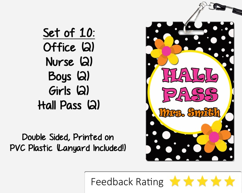 Black Dots Theme Classroom Hall Passes for Teachers, Personalized, Set ...