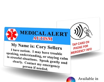 NFC Medical Alert Autism Contact Card -  Autism alert, medical alert, Autism identification, emergency contact card,